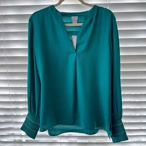 Chico's Size 2 Emerald Teal Split-Neck Long Sleeve Blouse